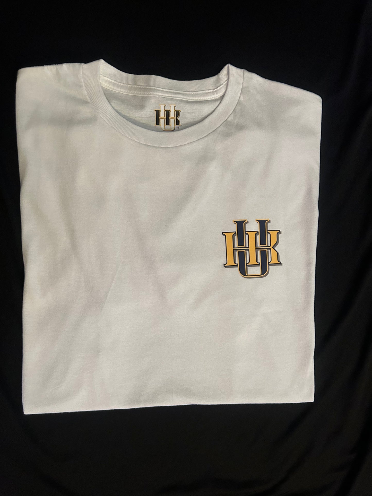 White Short Sleeve T Shirt Gold and Blue Logo